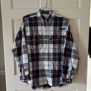 Columbia Men's Casual Blue and Orange Checkered Shirt